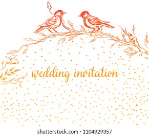 Elegant and cute illustration. Birds sit on each branch. Printing for textile and industrial purposes. And a beautiful romantic frame of flowers and twigs. Vector illustration. Thank You with Place