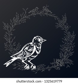 Elegant and cute illustration. Sparrow in the center. Birds sit on each branch. Printing for textile and industrial purposes. And a beautiful romantic frame of flowers and twigs on a dark background.