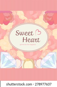 elegant cute sweet pastel peach pink heart shape lace diamond and roses background wedding invitation card template