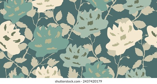 Elegant cute watercolor floral pattern in cold colors with big abstract flowers.