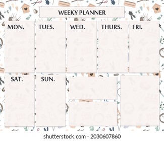 Elegant and cute weekly planner template with spring garden objects. Isolated organizer and schedule with notes and to do list for each day. Vector organizer design.