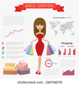 Elegant cute woman with long brown hair, red shoes, shopping bags, vector and illustration, modern art, shopping time concept, creative graphic design elements