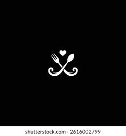 Elegant Cutlery and Heart Waves Logo with Black Background