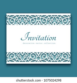 Elegant cutout paper frame with lace border ornament, vector greeting card or wedding invitation template, eps10