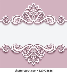 Elegant cutout paper frame with lace border ornament, greeting card or invitation template, vector eps10