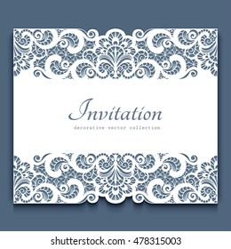 Elegant cutout paper frame with lace border ornament, vector greeting card or invitation template, eps10