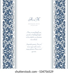 Elegant cutout paper frame with lace border ornament, vector greeting card or wedding invitation template, eps10