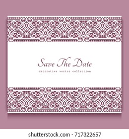 Elegant cutout paper frame with lace border ornament, vector greeting card or invitation template, eps10