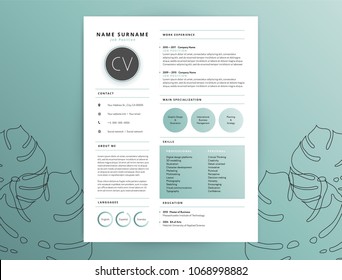 Elegant CV / curriculum vitae sample - simplicity elegance style design- resume mockup green background with floral elements - vector