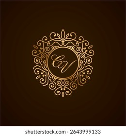 Elegante logotipo do monograma do CV com quadro ornamental dourado no fundo escuro - design inicial de luxo