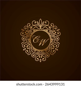 Elegant CW Monogram Logo with Golden Ornamental Frame on Dark Background – Luxury Initial Design