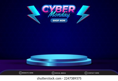 elegant cyber monday sale discount template banner with blank space 3d podium for product sale with abstract gradient blue background design