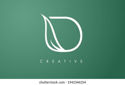 Elegant D letter Leaf Logo Design with Outline Monogram Style Flat and Minimalist Vector Letter Icon Illustration.
