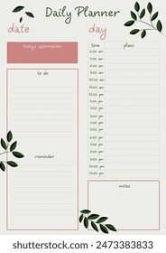 Elegant Daily Planner Template with Leaf Accents for organization and productivity