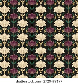 Elegante patrón floral de damasco en negro, con flores de ciruela y subgrupos de esmeralda; lujoso estilo vintage de Fondo de pantalla.