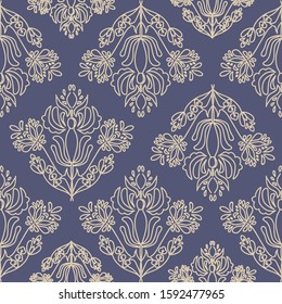 Elegant Damask Floral Vector Seamless Pattern. Decorative Flower Illustration. Abstract Art Deco Background. Panton 2020 classic blue.