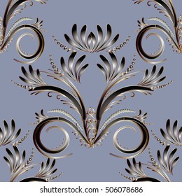 Elegant damask floral vector seamless pattern background wallpaper illustration with vintage decorative gold 3d flowers leaves and ornaments.Light endless luxury texture