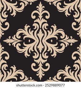 Elegant damask pattern in beige and black, seamless baroque design, vintage floral ornament for wallpaper, textiles, fabric, packaging, luxury decor, and backgrounds