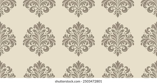 Elegant damask pattern in beige and taupe. Classic floral ornaments for wallpaper, fabrics, and invitations.