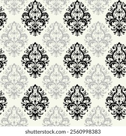 Elegant Damask Pattern in Black and Gray on a Cream Background