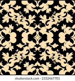 Elegant damask pattern in black and white, showcasing floral motifs on a black background. The design reflects art nouveau influences with its symmetrical composition.