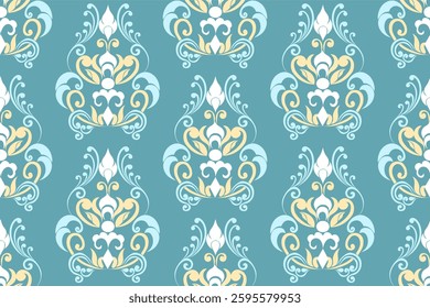 Elegant damask pattern in blue and gold with intricate floral details. Ideal for textiles, wallpaper, and luxury branding. Classic design with symmetrical ornamentation for sophisticated projects.