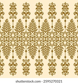 Elegant damask pattern in brown on a cream background, featuring intricate floral elements. A sophisticated and detailed design, perfect for home decor, textiles, fabric prints, wallpaper and fashion.