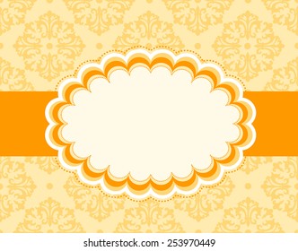 Elegant damask pattern with colorful retro frame and ribbon