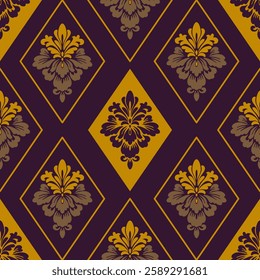 Elegant damask pattern with diamond shapes in gold and dark purple tones.
