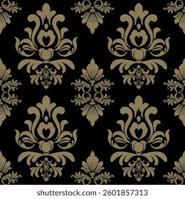 Elegant Damask pattern features intricate gold floral and ornamental motifs on a black background, ideal for luxury interior design, wallpapers, textiles, invitations, and product packaging.