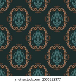 An Elegant damask pattern featuring intricate floral designs in teal and orange on dark background, perfect for textiles and wallpapers