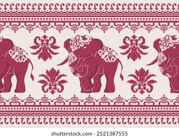 Elegant damask pattern featuring ornate elephants in maroon on a cream background. Intricate floral details create a luxurious and traditional feel, perfect for textiles, wallpapers, and home decor.