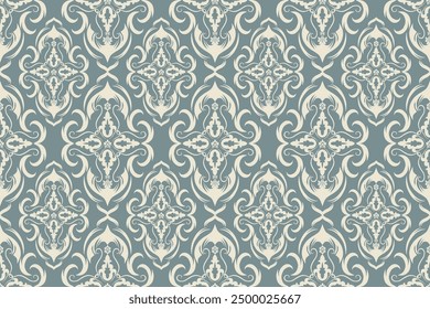 Elegante patrón de damasco en gris y blanco, diseño ornamental sin costuras para textiles, textura, tela, ropa, envoltura, alfombra