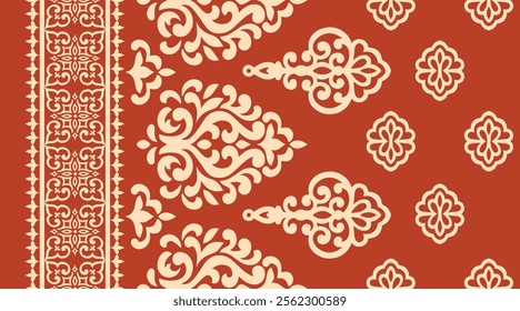 Elegant damask pattern with intricate floral motifs, perfect for textile design, wallpapers, and home decor. High-quality seamless design in vibrant colors.