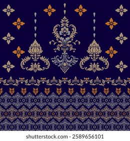 Elegant damask pattern with intricate floral and ornamental details in gold and orange on a deep navy background.