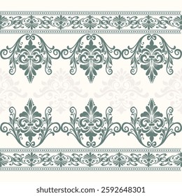 Elegant damask pattern with intricate floral elements and graceful scrolls in soft green on a cream background. Perfect for wallpaper, fabric, wedding invitations, luxury packaging.