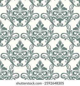 Elegant damask pattern with intricate floral elements and graceful scrolls in soft green on a cream background. Perfect for wallpaper, fabric, wedding invitations, luxury packaging.