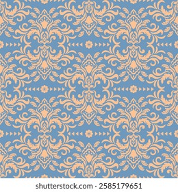 Elegant damask pattern in light blue and taupe. Classic floral ornaments for wallpaper, fabrics, and invitations.