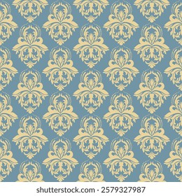 Elegant damask pattern with a luxurious gold design on a deep blue background. Ideal for royal-themed designs, wallpaper, invitations, or high-end branding.