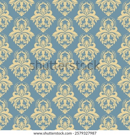 Elegant damask pattern with a luxurious gold design on a deep blue background. Ideal for royal-themed designs, wallpaper, invitations, or high-end branding.