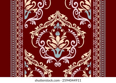 Elegant damask pattern on deep red background with intricate floral motifs and ornamental borders. Perfect for textiles, wallpaper, invitations, or luxury decor. vintage design for timeless elegaance.