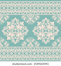 Elegant Damask Pattern  with Ornate Floral Motifs and Decorative Borders. seamless design features a sophisticated blend of vintage-inspired elements and modern aesthetics