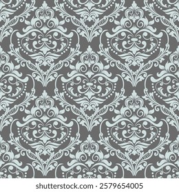 Elegant Damask Pattern with Ornate Floral Motifs and Decorative Borders. seamless design features a sophisticated blend of vintage-inspired elements and modern aesthetics