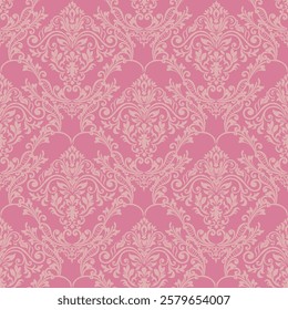 Elegant Damask Pattern with Ornate Floral Motifs and Decorative Borders. seamless design features a sophisticated blend of vintage-inspired elements and modern aesthetics