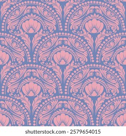 Elegant Damask Pattern with Ornate Floral Motifs and Decorative Borders. seamless design features a sophisticated blend of vintage-inspired elements and modern aesthetics