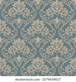 Elegant Damask Pattern with Ornate Floral Motifs and Decorative Borders. seamless design features a sophisticated blend of vintage-inspired elements and modern aesthetics