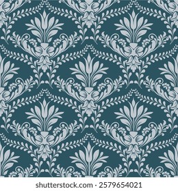 Elegant Damask Pattern with Ornate Floral Motifs and Decorative Borders. seamless design features a sophisticated blend of vintage-inspired elements and modern aesthetics