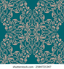 Elegant Damask Pattern with Ornate Floral Motifs and Decorative Borders. seamless design features a sophisticated blend of vintage-inspired elements and modern aesthetics