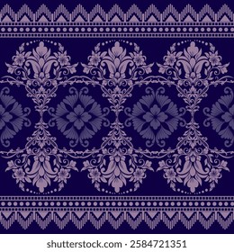 Elegant Damask Pattern with Ornate Floral Motifs and Decorative Borders. seamless design features a sophisticated blend of vintage-inspired elements and modern aesthetics