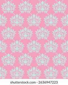 Elegant damask pattern in soft blue over a pastel pink background. A charming and feminine design ideal for wallpapers, fabrics, invitations, and vintage-themed decor.